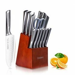Cheapest 🛒 Cookit 15-Piece Stainless Steel Hollow Handle Kitchen Chef Knife Set with Wooden Block Holder and Manual Sharpener by AndMakers ⭐