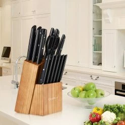 Cheap 😀 Cookit 15-Piece ABS Handle Stainless Steel Blade Knife Set with Pine Block Holder and Manual Sharpener by AndMakers 🎉 -Cutlery Sales andmakers knife sets rb kk203 1f 1000