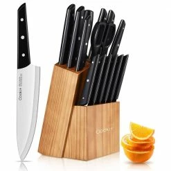 Cheap 😀 Cookit 15-Piece ABS Handle Stainless Steel Blade Knife Set with Pine Block Holder and Manual Sharpener by AndMakers 🎉