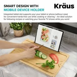 Coupon 💯 Rectangular Solid Bamboo Cutting Board with Mobile Device Holder for Standard Kitchen Sink or Countertop (19 1/2 x 12) by KRAUS 🎉 -Cutlery Sales bamboo kraus cutting boards kcbt 103bb 1d 1000