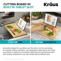 Coupon 💯 Rectangular Solid Bamboo Cutting Board with Mobile Device Holder for Standard Kitchen Sink or Countertop (19 1/2 x 12) by KRAUS 🎉 -Cutlery Sales bamboo kraus cutting boards kcbt 103bb 4f 1000
