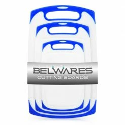 Buy ✔️ 3-Piece Plastic Cutting Board with Non-Slip Feet and Deep Drip Groove Blue by Belwares 🎁