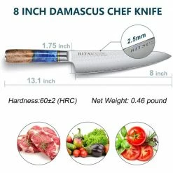 Promo ✨ 8 in. Damascus High Carbon Steel Partial Tang Chef's Knife by Movisa 👏 -Cutlery Sales chef s knives mvdjs013 44 1000