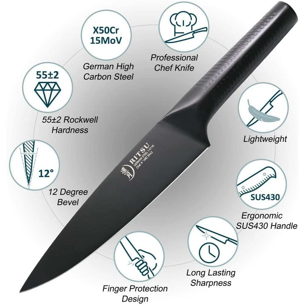 Promo 🧨 8 in. Black Titanium 🧥 Coated Carbon Steel Full Tang Chef's Knives by Movisa ❤️ 7 Promo 🧨 8 in. Black Titanium 🧥 Coated Carbon Steel Full Tang Chef's Knives by Movisa ❤️ - Image 5