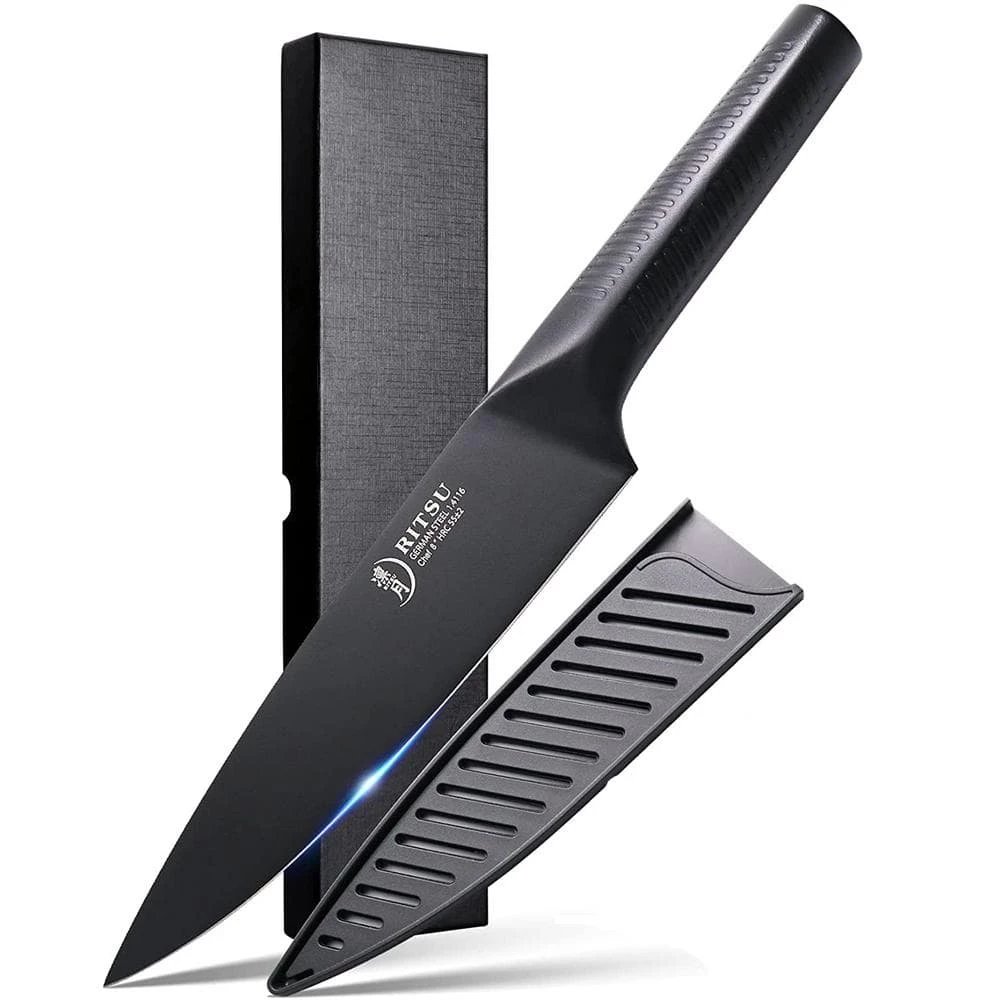 Promo 🧨 8 in. Black Titanium 🧥 Coated Carbon Steel Full Tang Chef's Knives by Movisa ❤️ 3 Promo 🧨 8 in. Black Titanium 🧥 Coated Carbon Steel Full Tang Chef's Knives by Movisa ❤️