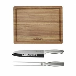 Budget ๐ Classic 3-Piece Stainless Steel Carving Set with Acacia Wood Cutting Board by Cuisinart ๐