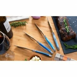 Coupon 👏 Laguiole 4.5 in. Stainless Steel Full Tang 4-Piece Serrated Steak Knife Set, Shades of Blue by French Home 🔔 -Cutlery Sales french home steak knives lg110 76 1000