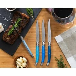 Coupon 👏 Laguiole 4.5 in. Stainless Steel Full Tang 4-Piece Serrated Steak Knife Set, Shades of Blue by French Home 🔔 -Cutlery Sales french home steak knives lg110 fa 1000