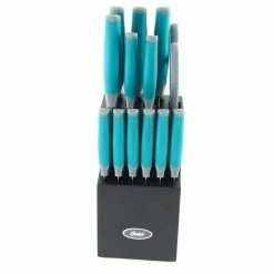 Budget 🥰 Oster Lindbergh 14-Piece Teal Stainless Steel Knife Set with Wooden Block by Gibson 🎉