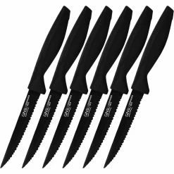 Promo ๐ Daku Series 4.5 in. Ceramic ๐งฅ Coated Stainless Steel Partial Tang Serrated Edge Black Steak Knife (Set of 6) by Ginsu ๐