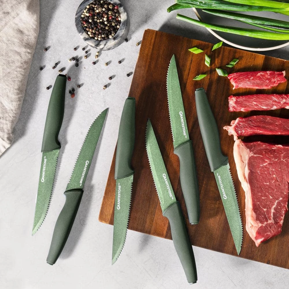 Hot Sale ๐คฉ 9.5 in. Blade High Grade Stainless Steel Serrated Edge Full Tang Nutri Blade Steak Knives in Emerald Green (Set of 6) by GRANITESTONE ๐ 4 Hot Sale ๐คฉ 9.5 in. Blade High Grade Stainless Steel Serrated Edge Full Tang Nutri Blade Steak Knives in Emerald Green (Set of 6) by GRANITESTONE ๐ - Image 2