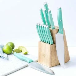Outlet 😀 13-Piece High Carbon Stainless Steel Turquoise Wood Knife Block Set by GreenLife 👏 -Cutlery Sales greenlife knife sets cc005808 001 4f 1000