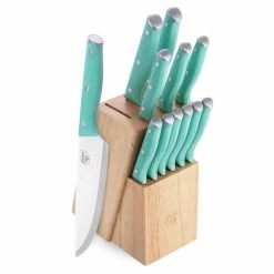 Outlet 😀 13-Piece High Carbon Stainless Steel Turquoise Wood Knife Block Set by GreenLife 👏