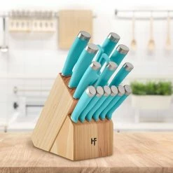 Hot Sale 🎁 Epicure 15-Piece Stainless Steel Knife Set with Storage Block in True Aqua by HAMPTON FORGE ⌛ -Cutlery Sales hampton forge knife sets hmc01b029t 31 1000