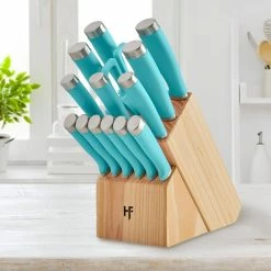 Hot Sale 🎁 Epicure 15-Piece Stainless Steel Knife Set with Storage Block in True Aqua by HAMPTON FORGE ⌛ -Cutlery Sales hampton forge knife sets hmc01b029t 4f 1000