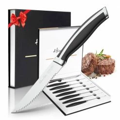 New 🎁 9 in. Stainless Steel Full Tang Serrated Edge Steak Knife with Stainless Steel Handle in Midnight Black (Set of 8) by harriet 🎉