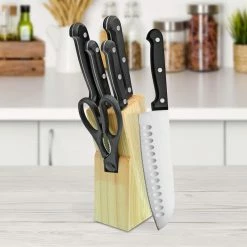 Flash Sale 😉 7-Piece Black Stainless Steel Kitchen Knife Set with Wooden Block by LEXI HOME 🎁 -Cutlery Sales knife sets lb5781 31 1000