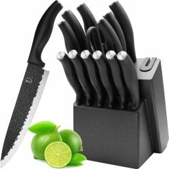 Hot Sale 👍 14-Piece Kitchen Knife Set with Wooden Block and Sharpener by Movisa 🎁