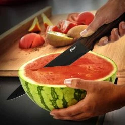 Best Sale 🌟 Godfrey 5-Piece Stainless Steel Black Cutlery Set with Wood Print Handles by Oster ✨ -Cutlery Sales oster knife sets 985112840m 31 1000