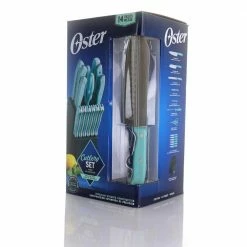 Discount ✔️ Steffen 14 Piece Stainless Steel Knife Set with Storage Block in Blue by Oster 👍 -Cutlery Sales oster knife sets 985114542m 4f 1000