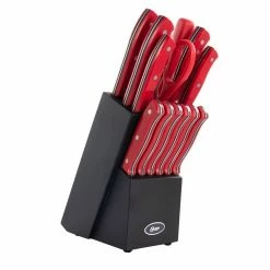 Best deal 👍 Steffen 14 Piece Stainless Steel Knife Set in Red with Hardwood Storage Block by Oster ⭐