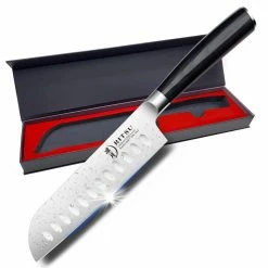 Buy 🎉 7 in. Stainless Steel Partial Tang Japanese Chef Santoku Knife with Wood Composite Handle by HOMLUX 😉