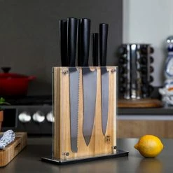 New ❤️ 7-Piece Stainless Steel Cutlery Carbon6 Set with Acacia Midtown Knife Block by SCHMIDT BROS. 👍 -Cutlery Sales schmidt bros knife sets sbcc67pm1 4f 1000