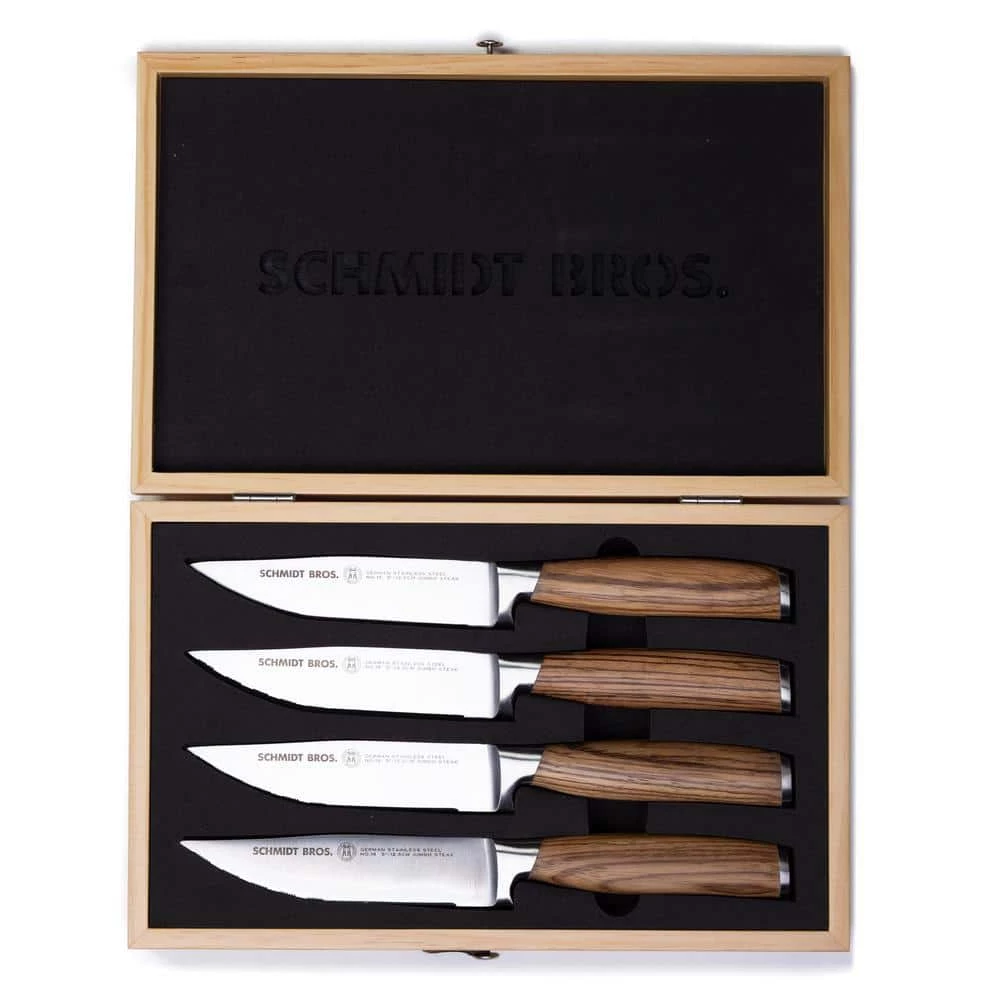 Wholesale ❤️ 4-Piece Stainless Steel Cutlery Zebra Wood Jumbo Steak Knife Set in Wood Gift Box by SCHMIDT BROS. ❤️ 4 Wholesale ❤️ 4-Piece Stainless Steel Cutlery Zebra Wood Jumbo Steak Knife Set in Wood Gift Box by SCHMIDT BROS. ❤️ - Image 2