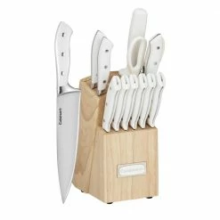 Outlet 🧨 Classic 13-Piece White Stainless Steel Knife Block Set with 9-Knives Sharpening Steel and All-Purpose Sheers by Cuisinart 😉