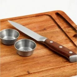 Cheap 🎁 Large 15 in. x 10 in. Rectangular Acacia Wood End Grain Steak Board Set with Knife and Sauce Holders by Yukon Glory 🤩 -Cutlery Sales wood yukon glory cutting boards yg 600 4f 1000